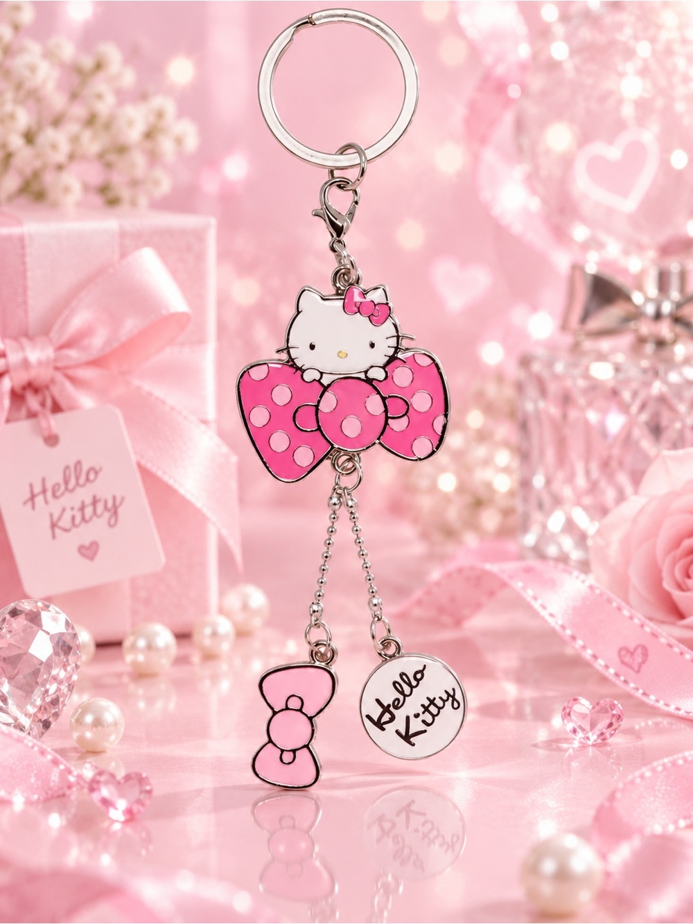 Hello Kitty Pink Bow Dangle Keychain Charm Key Ring.NWT